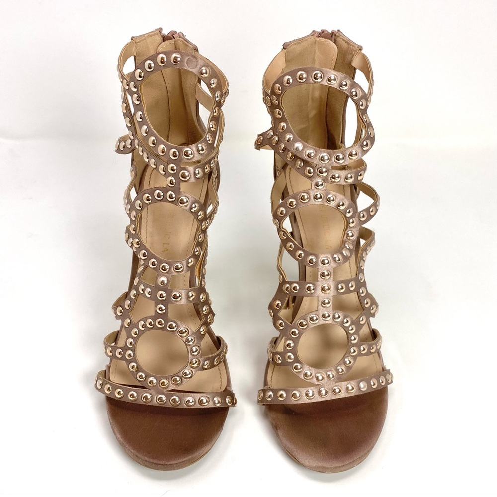 Miss Lola 4” high heels satin stud sexy design beige nude natural tan